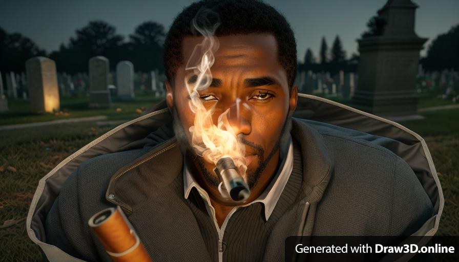 a realistic unreal engine style image close up  at night of a serious black man staring into the camera in a cemetery smoking a cigarette, with lanterns on the floor a man smoking a cigarette