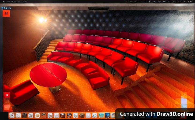 a 3d rendering of a close-up magic theater with a poker table on stage and an amphitheater style auditorium