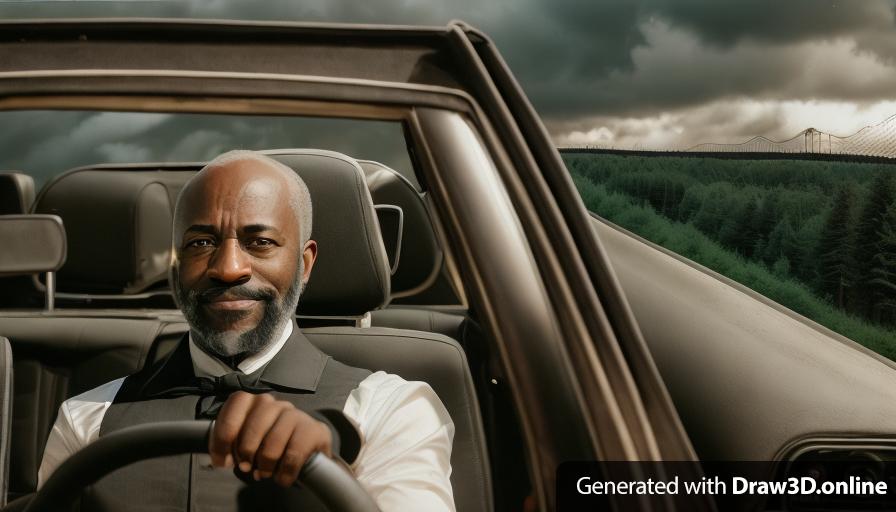 a realistic un real engine style image   of a black short bald man with some grey in his beard driving a car

forest in the back ground