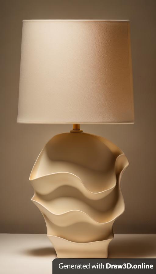 This is a cream colored ceramic lamp sculpture with a scalloped carved shaping on the base