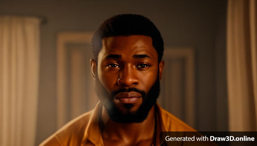 realistic unreal engine style image a black man with a beard in a room
in a brown shirt