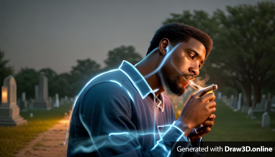 a realistic unreal engine style image of a black man in a cemetery smoking a cigarette wearing a blue shirt,  with lanterns on the floor