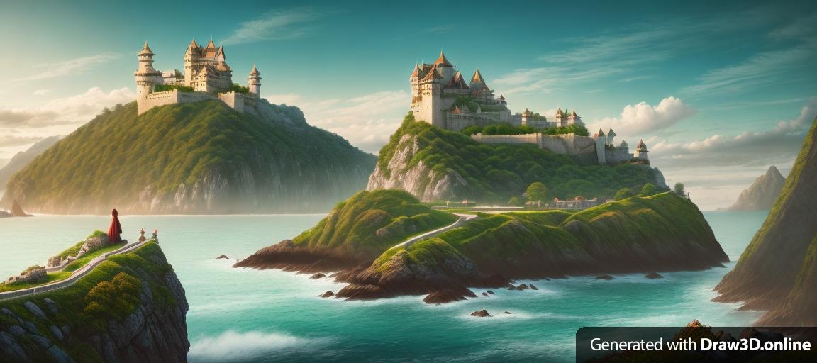 Fantasy art lush landscape of a large coastal castle perched atop a boulder, surrounded by a dense Asian city. In fantasy art style