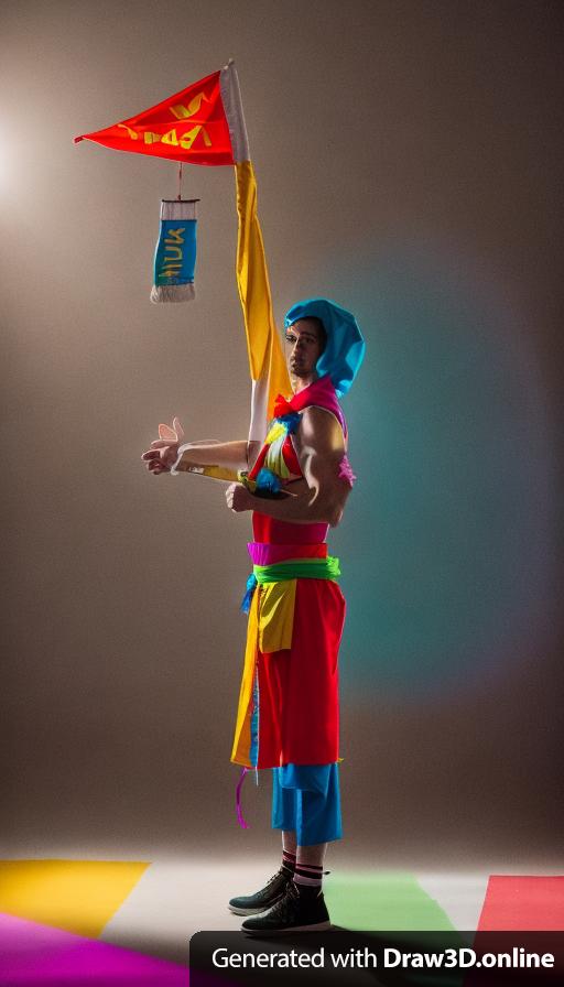 This is a man wearing a colorful costume and a sash carrying a very tall lanyard with a triangle flag at the very top