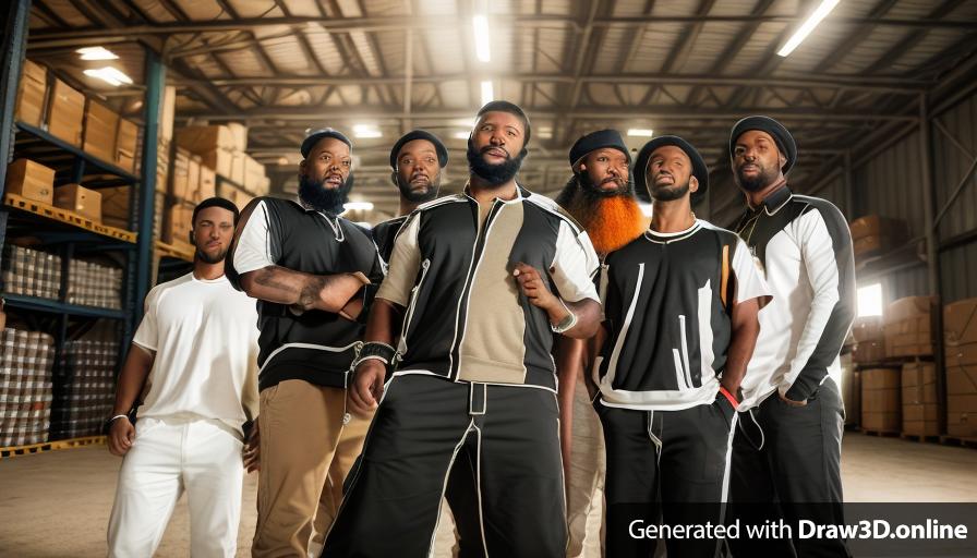 realistic unreal engine style image ,a group of black men with beards, standing in a warehouse.
keep all clothing colours the same as original image.