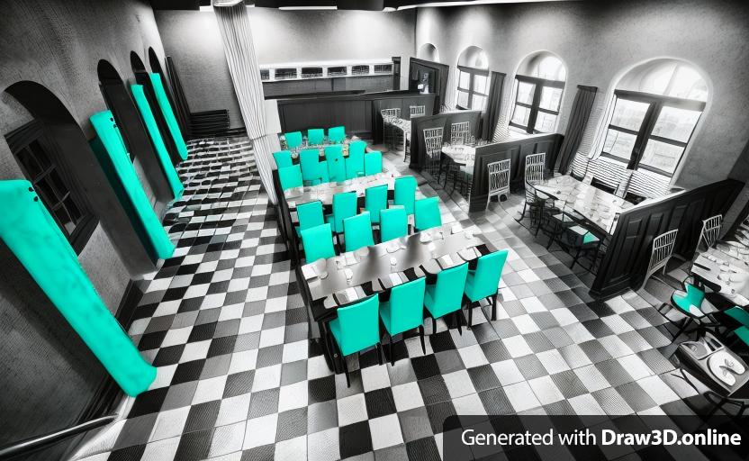 a theater bistro 
the floor is checked in black and White
the walls are black
the doors and windows have turquoise frames