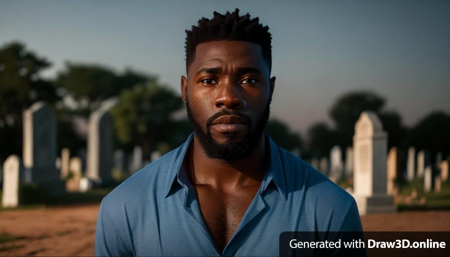 realistic unreal engine style, image of a African man with a beard and a low cut , wearing a only blue shirt and kneeling down  looking very sad  at a cemetery on a very very very dark night