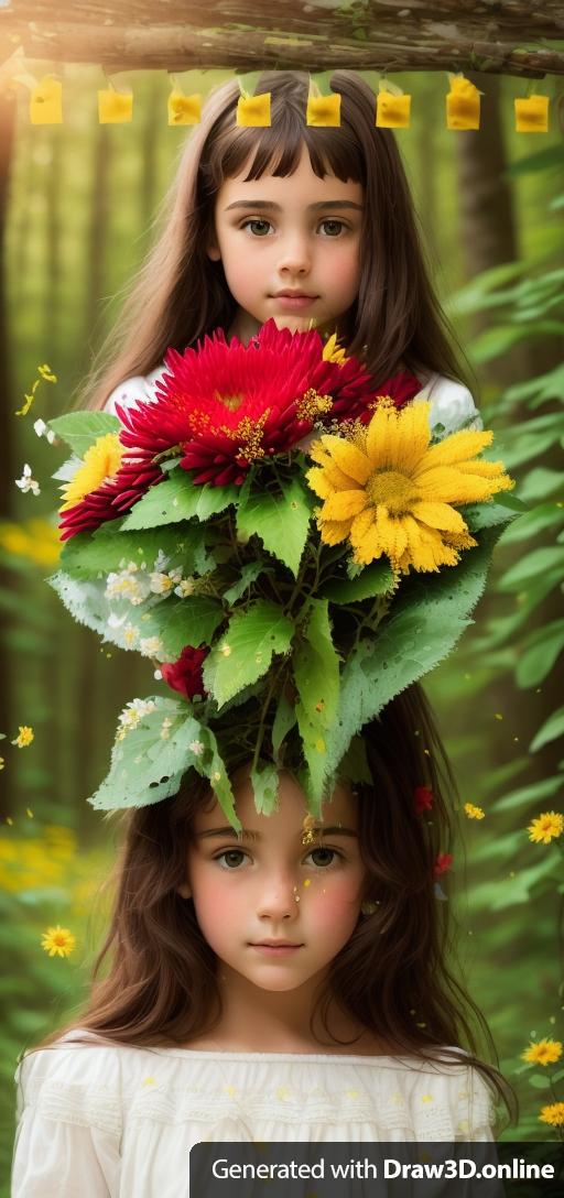 Keep the uploaded drawing  Put the flower from that in the hands a young French girl full color. Keep more of the original image, same colors flowers from the photo.  Left flower gold. Middle flower red. Right flower blue. The new result should have the same textures of the uploaded image.  Girl in a forest of flowers.