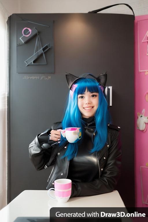 a portret of a girl drinking coffie from cup with cat ears upside, the girl is looking right in front of the camera, girl is smiling, her hair is blue on one side and pink on another. her leather jacket is black