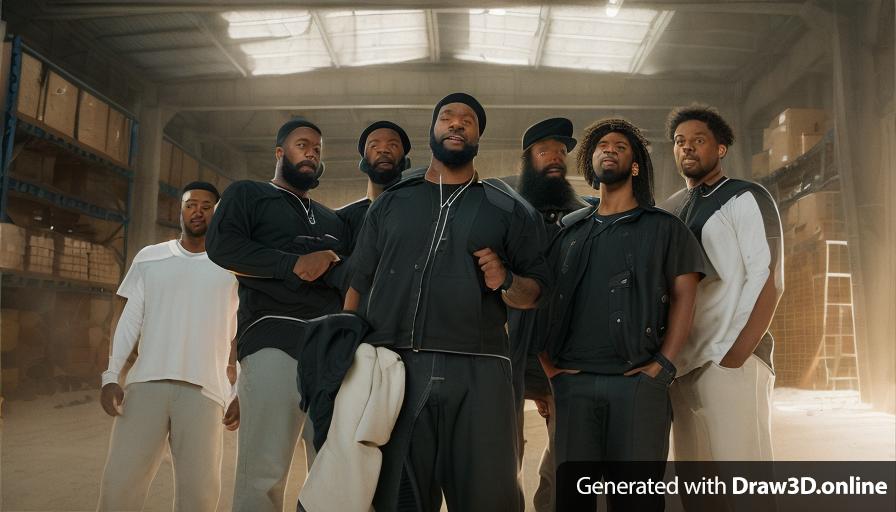 realistic unreal engine style image of a group of black men with beards standing in a warehouse
looking down