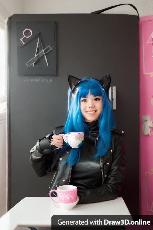 a portret of a 30 years girl drinking coffie from cup with cat ears upside, the girl is looking right in front of the camera, girl is smiling, her hair is blue on one side and pink on another. her leather jacket is black