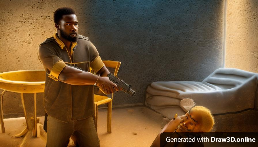 a realistic unreal engine style image, an African man holding a gun in front of a another African man with blonde hair, sitting on the floor, begging for his life