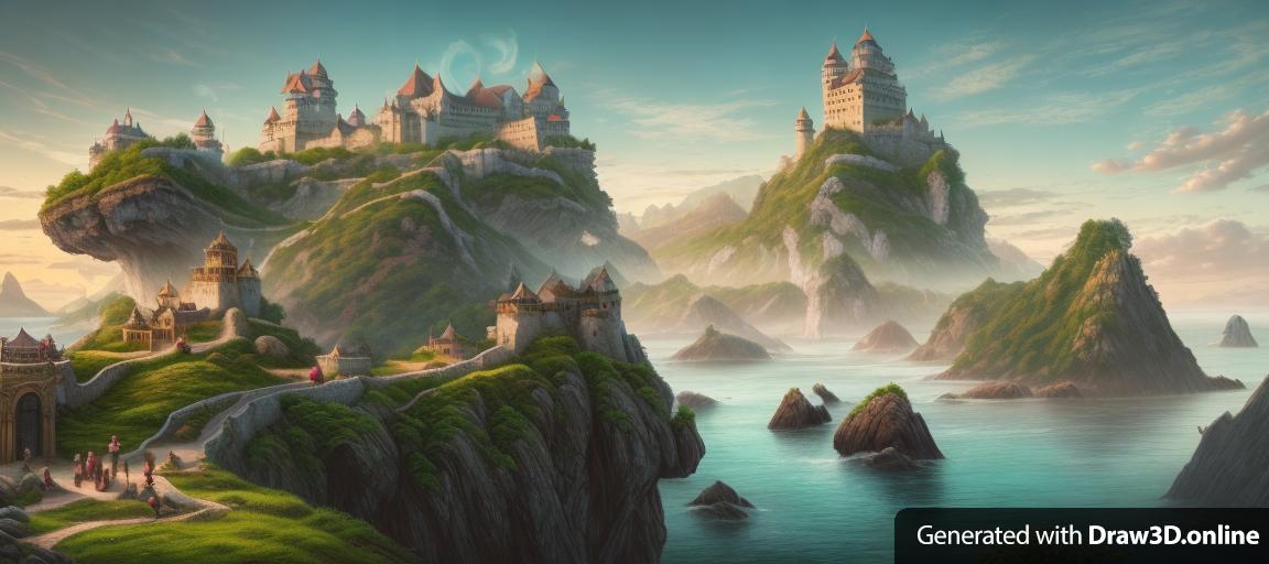 Fantasy art lush landscape of a large coastal castle perched atop a boulder, surrounded by a dense Asian city. In fantasy art style