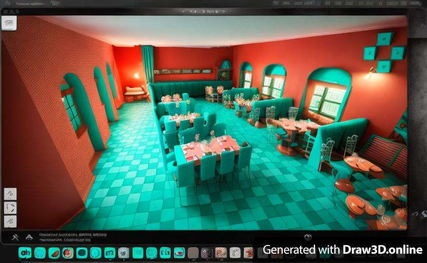 a 3d rendering of bistro in the style of Tim Burton's Alice in Wonderland with black walls and turquoise windows