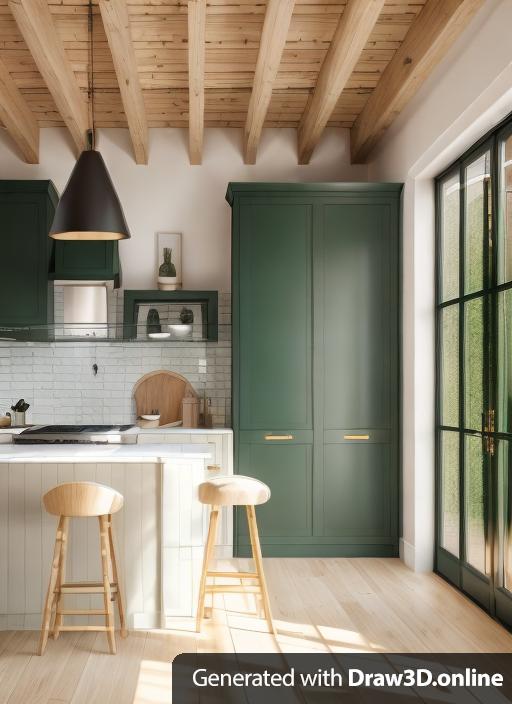 High-end kitchen, more light, Brick floor, p;aster walls dark green cabinets, luxury, british, glazed exterior doors on right-hand side with view to garden covering whole wall, cream walls, matching stools with wood legs, marble worktop and back splash