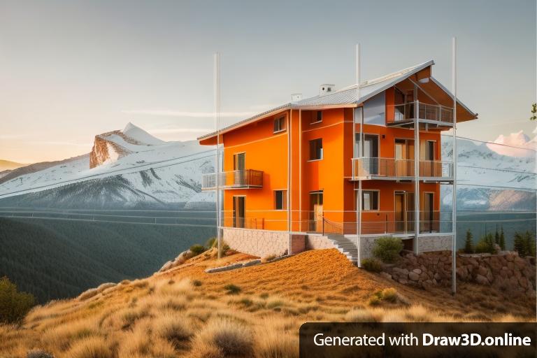 An image of the project of a house with the mountains in the background. It is an orange handguard house with handguard columns. You can see the guidelines drawn in pencil by the architect.