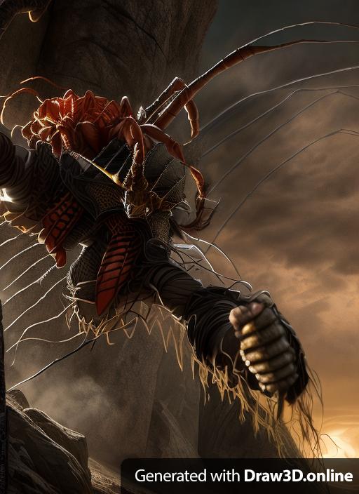 This Scorpion spider god fighting adventurers. Fantasy art. Dark fantasy style