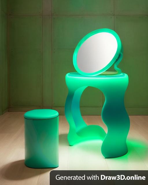A primary blue wavy and tubular vanity with a light green circular mirror and a snake wrapping around it. A light green tubular stool is sitting near the vanity.