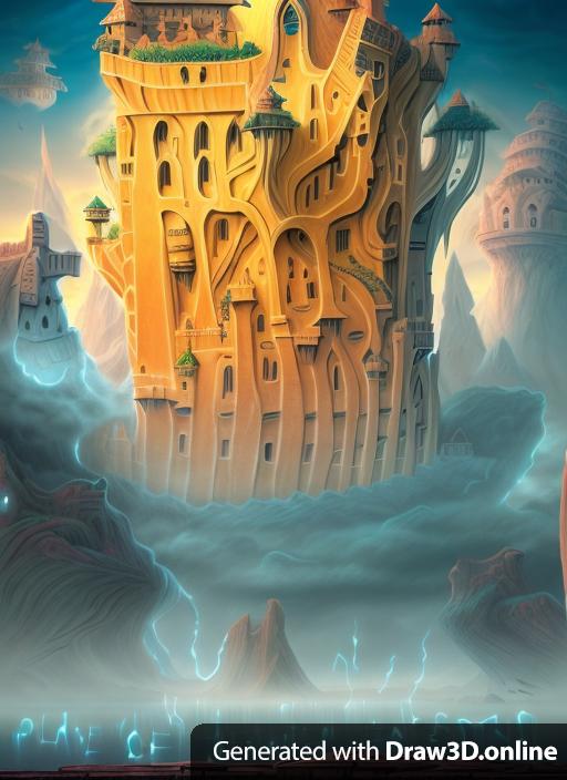 Fantasy art scene of a surreal fortress floating in the sky surrounded by floating islands that are connected to the fortress with thick veins. In a cubist style