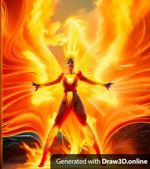 a photo of a woman radiating yellow power shaped like a giant flaming firebird