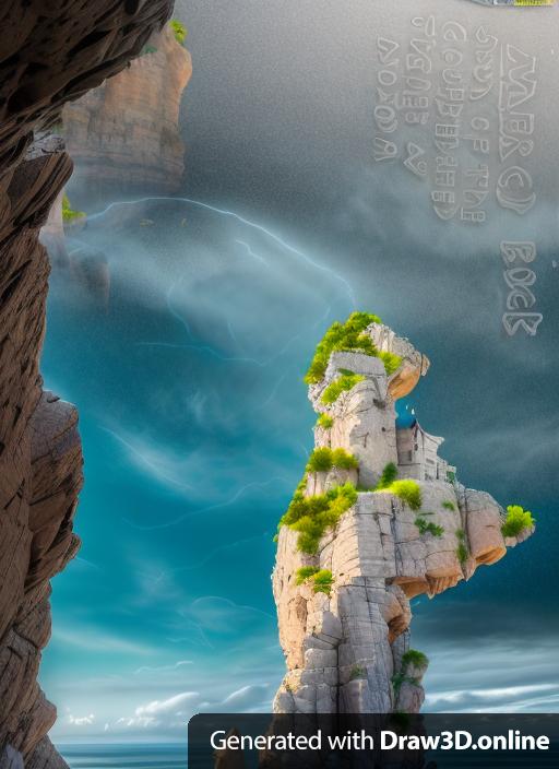 Fantasy art of the great castle of Mercy rock, located atop a giant stone on the coast surrounded by a small medieval city