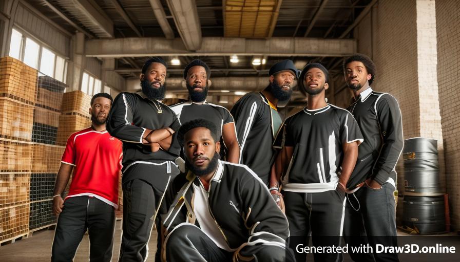 realistic unreal engine style image ,a group of black men with beards,  in a warehouse.
keep all clothing colours the same as original image.