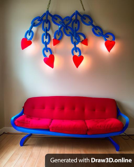 A light fixture made of blue chains and red hearts at the end hanging about a gold couch.