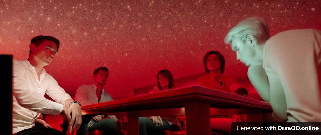 5 people sitting in a bar at night, in a moon light with red accents