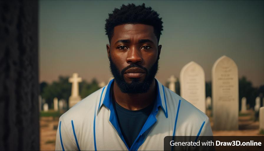 realistic unreal engine style, image of a African man with a a beard , wearing a blue shirt and kneeling down  looking very sad  at a cemetery on a very very very dark night