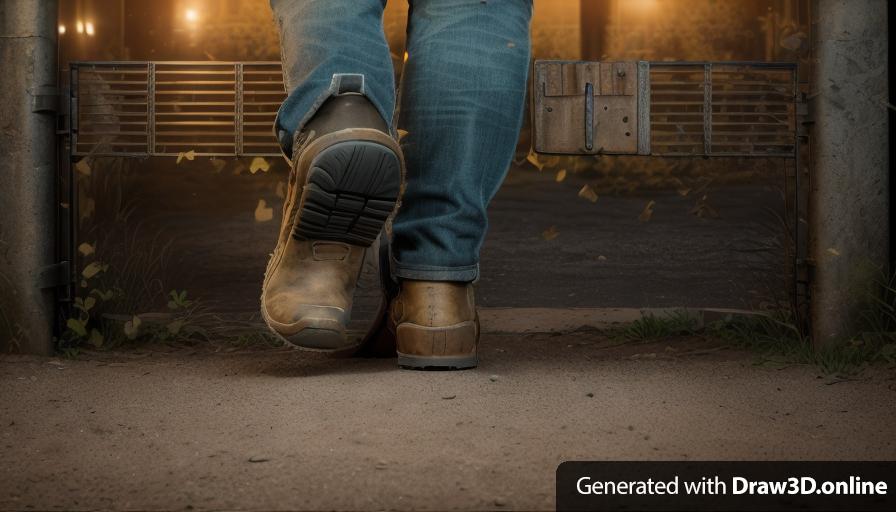 a realistic unreal engine style  portrait close up of boots from behind of one person walking towards 
 a gate on a dark  Night