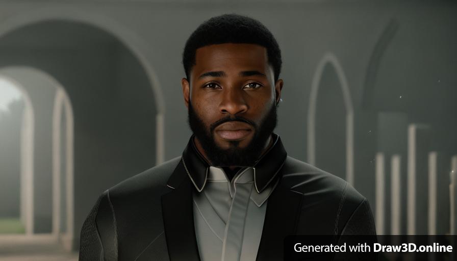 realistic unreal engine style, image of a black man with a beard , dressed in a black suit at a funeral 
cemetery in the background
looks sad