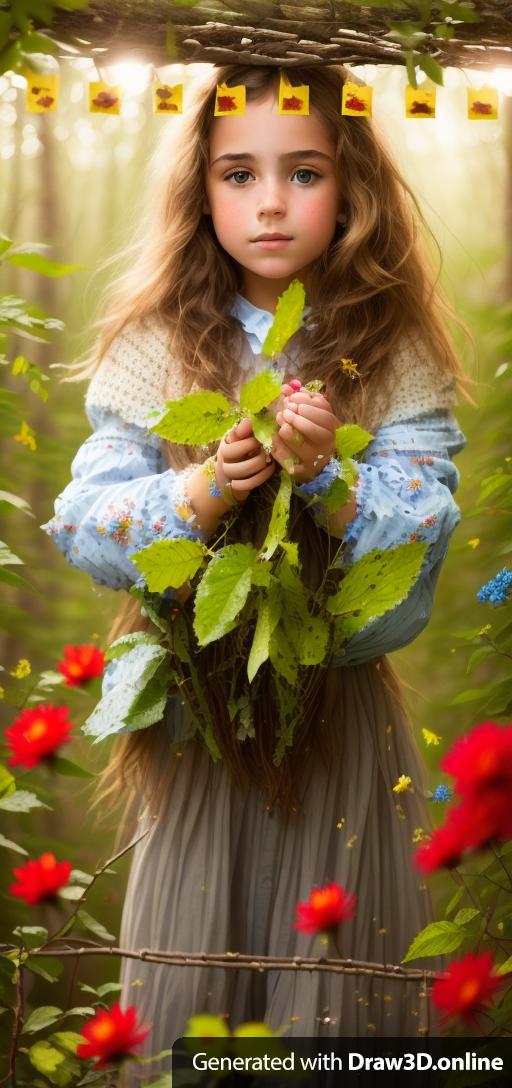 From the uploaded image, add the gold, red, and blue flowers in the hands a young French girl full color.  The new result should have the same textures of the uploaded image.  Only one girl in a forest of flowers.  Girl with sandy light blond hair.  Only one girl in the rendering.