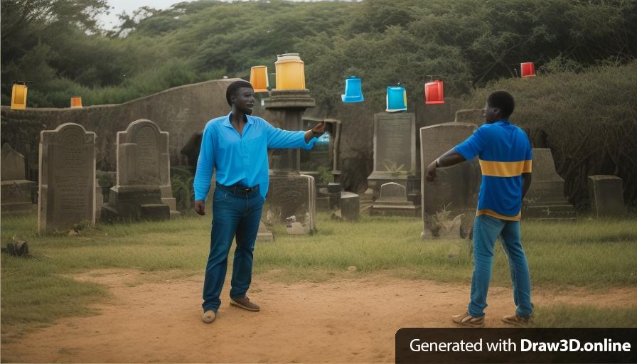 two men standing in front of a graveyard
one  african man is wearing a blue shirt with black jeans 
the other african man is in blue overalls
lanterns are on the floor