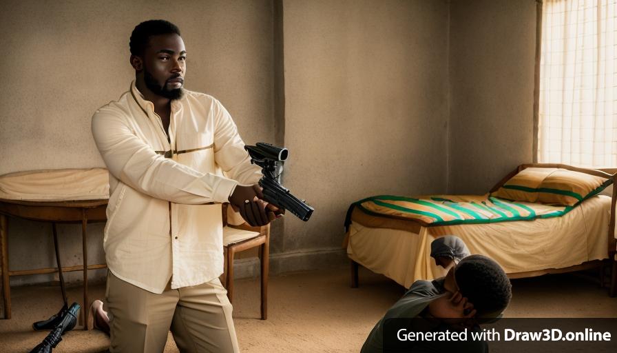 a Portrait of an African man holding a gun in front of another African man in a room
-the second man in kneeling in the foreground 
- imagine very dark room
-the second man has blonde hair