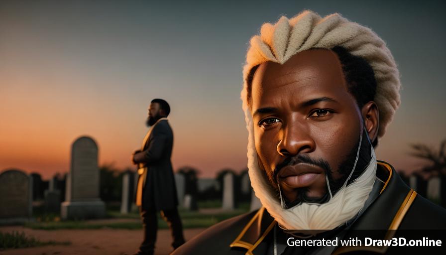 realistic unreal engine style image of an African man with a beard standing , an open cemetery in the background at night