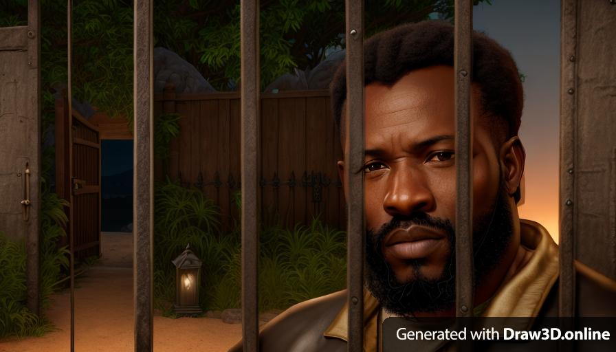 realistic unreal engine style image of an African man with a beard standing behind a gate , with a graveyard in the background at night