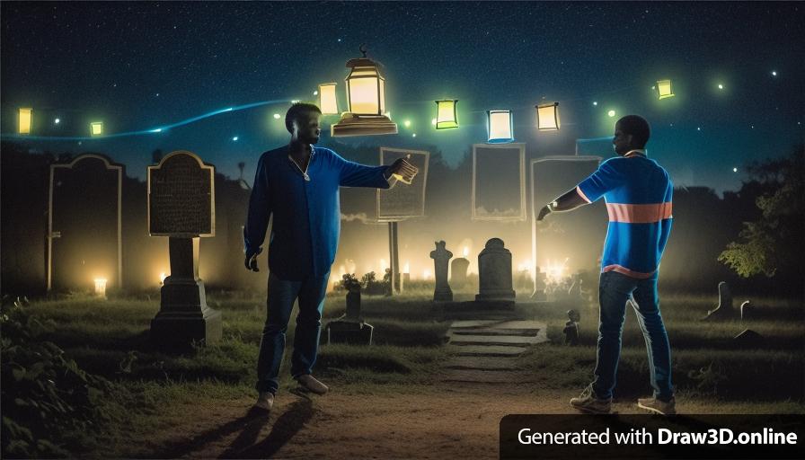 two men standing in front of a graveyard in silhouette at night
one  african man is wearing a blue shirt with black jeans 
the other african man is in blue overalls
lanterns are on the floor