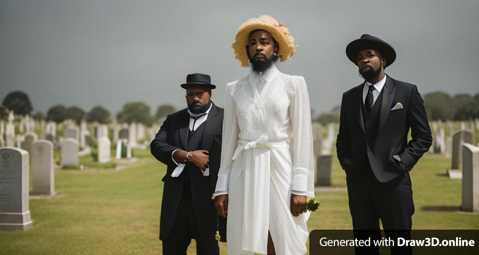 Three black people standing  AT A CEMETERY,
The black woman with short hair is in the middle , she is the only one holding flowers
The black man on the left is  56 year old man,  with a small goatee beard
The black man on the right has a beard 
day time, they are not wearing hats