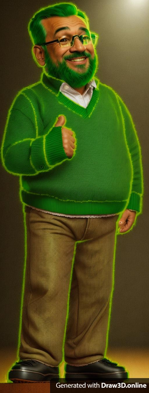 A 3D middle-aged man with glasses and a green sweater, jeans and leather shoes, bright environment.