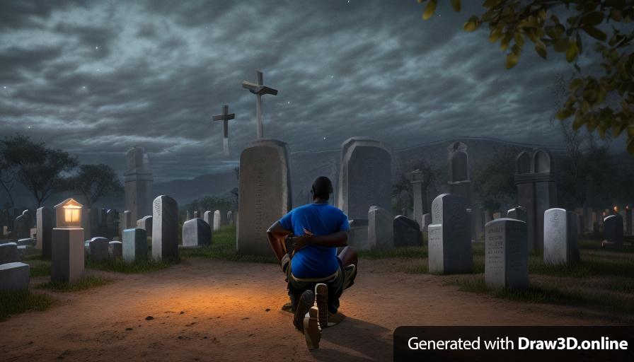 realistic unreal engine style  image at  very dark night an African man  wearing a blue shirt with, kneeling in front of two graves, tombstones in the background