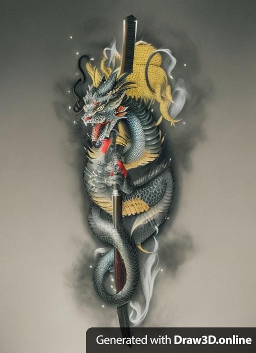 a Japanese dragon wrapping around a katana Japanese sword for a tattoo same layout as original drawing