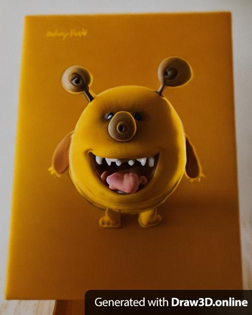 a portrait of a yellow smiling little monster with 2 rounded ears, 1 eye and widely opened mouth where fangs are visible