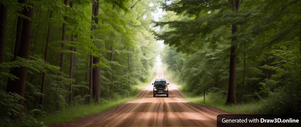 a black sedan driving down a dirt road in the woods