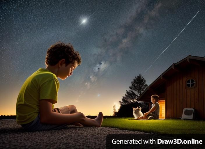 An image of a boy sitting outside with a cat next to him. It is night and the night sky is full of awe inspiring stars. A tree and a house are illuminated alongside the boy and the cat by the starry night. There are meteors visable showering across the sky.