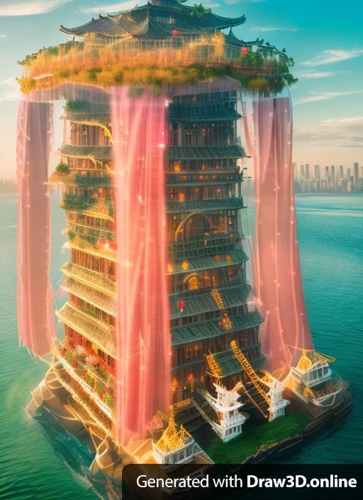 A fantastical tower in the middle of a river surrounded by a vast Asian city