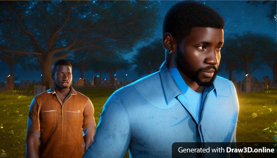 realistic unreal engine style image two African men wearing blue shirts standing next to each other 
one African man is wearing  blue overalls
at a cemetery
at night