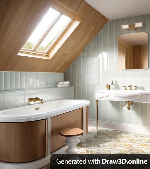 high end london bathroom with graphic tile floor, skylight with evening sunlight, wood walnut stool, painted tongu and groove walls, metro tile around bath