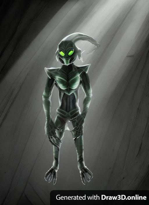 Alien creature, gray scales on its skin, dark green patterns at the darker spots. Elongated single skull. Long arms  with 5-finger strong hands. 6-finger feet with claws. The claws are short and trimmed upward.