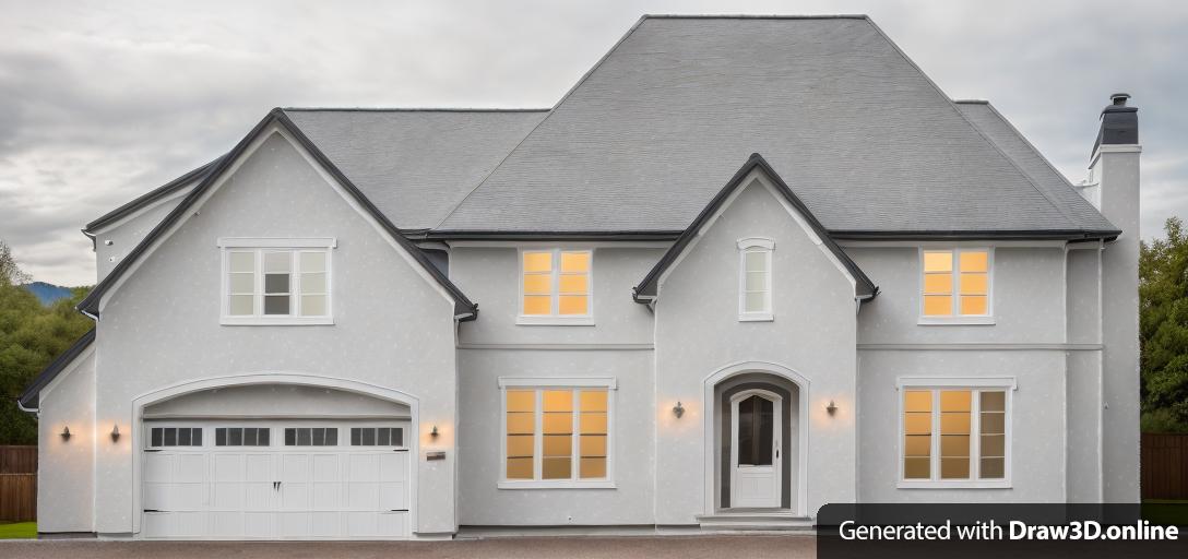 White/grey stucco house. Black slate roof. White garage door.