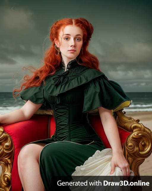 portrait of a victorian woman with curly red hair and green eyes in a black dress sitting on an ornate chair in the ocean at low tide, digital art